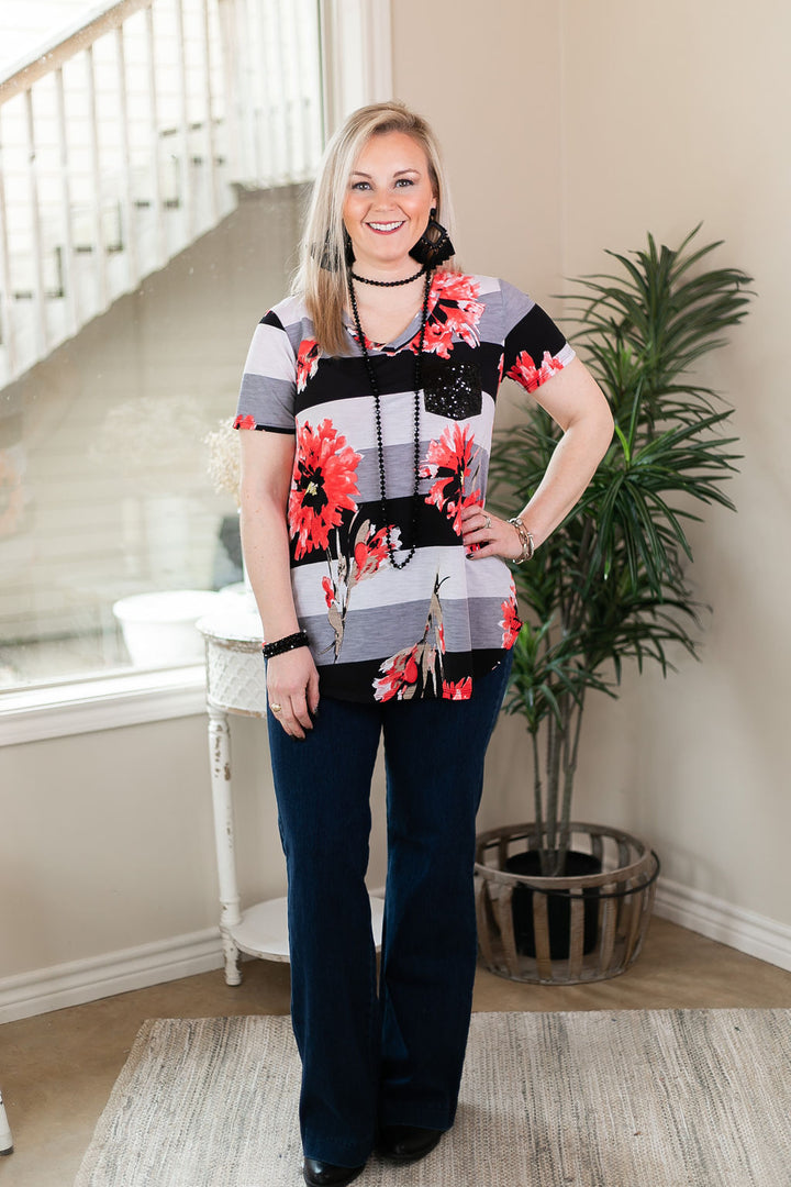 Sparkle Just Right Floral Stripe Sequin Pocket Tee in Black