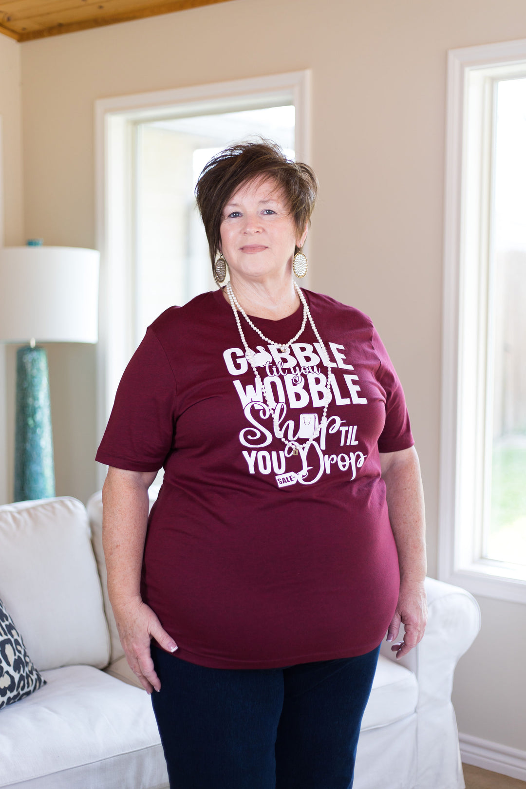 Last Chance Size Small | Gobble Til You Wobble Shop Til You Drop Short Sleeve Tee Shirt in Maroon - Giddy Up Glamour Boutique