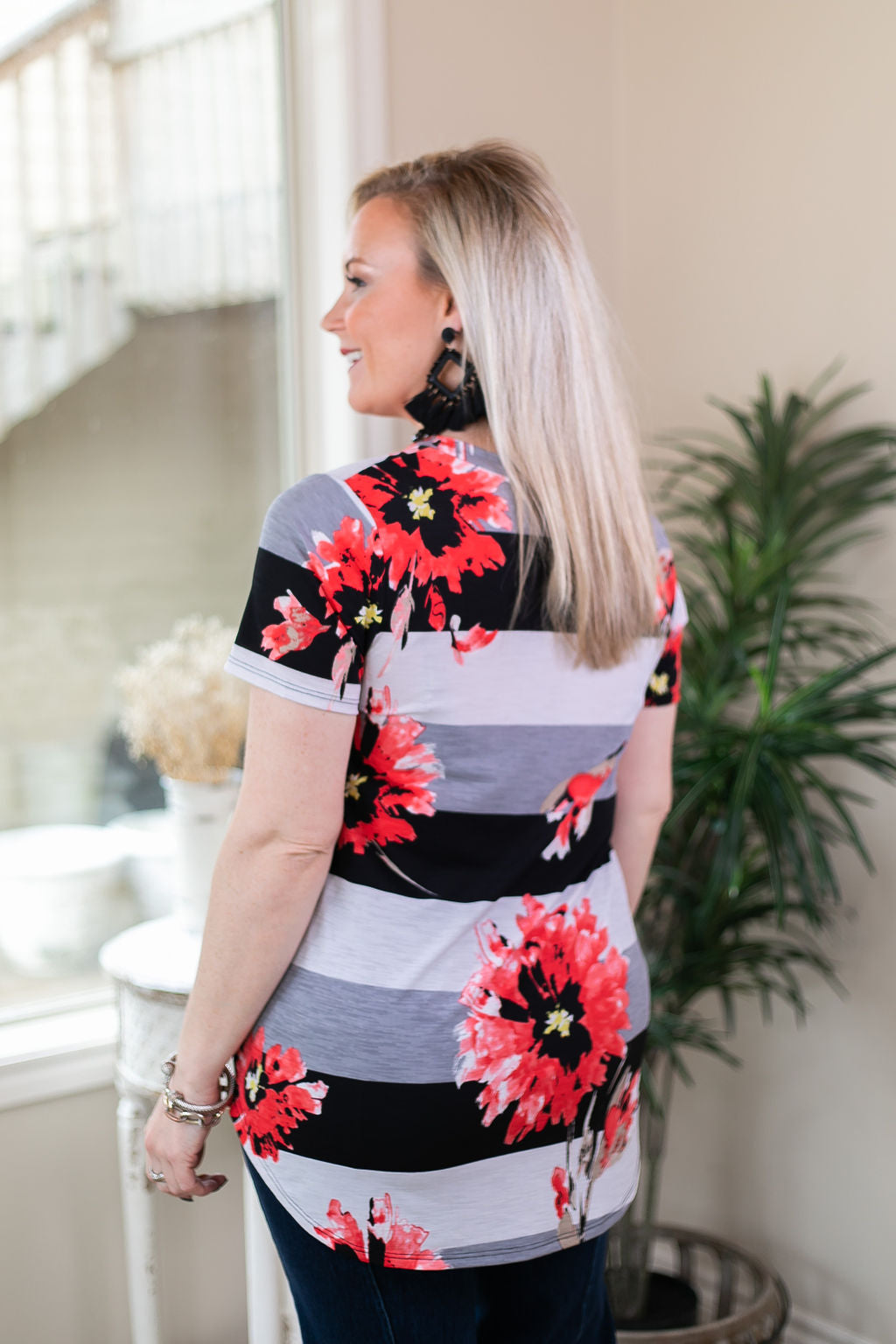 Sparkle Just Right Floral Stripe Sequin Pocket Tee in Black - Giddy Up Glamour Boutique