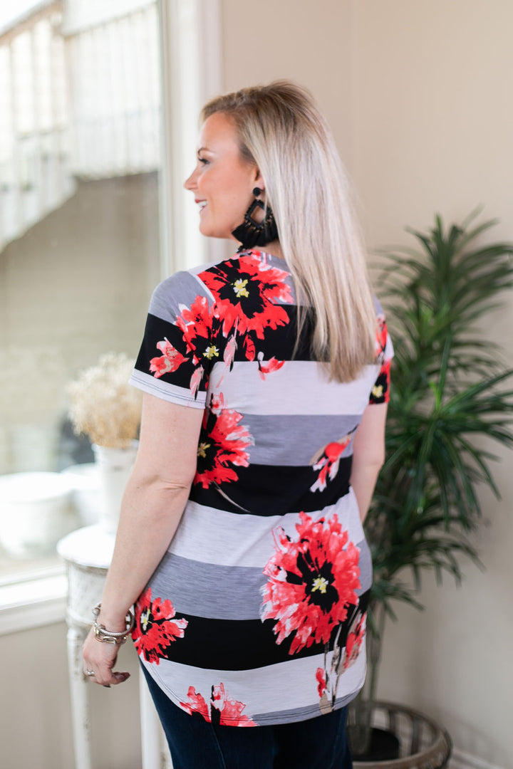 Sparkle Just Right Floral Stripe Sequin Pocket Tee in Black - Giddy Up Glamour Boutique
