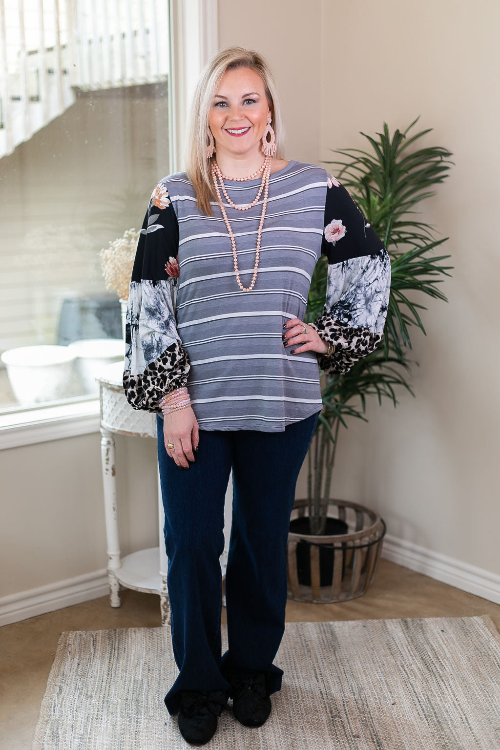 No Looking Back Striped Top with Multi Print Puff Sleeves in Black and Grey