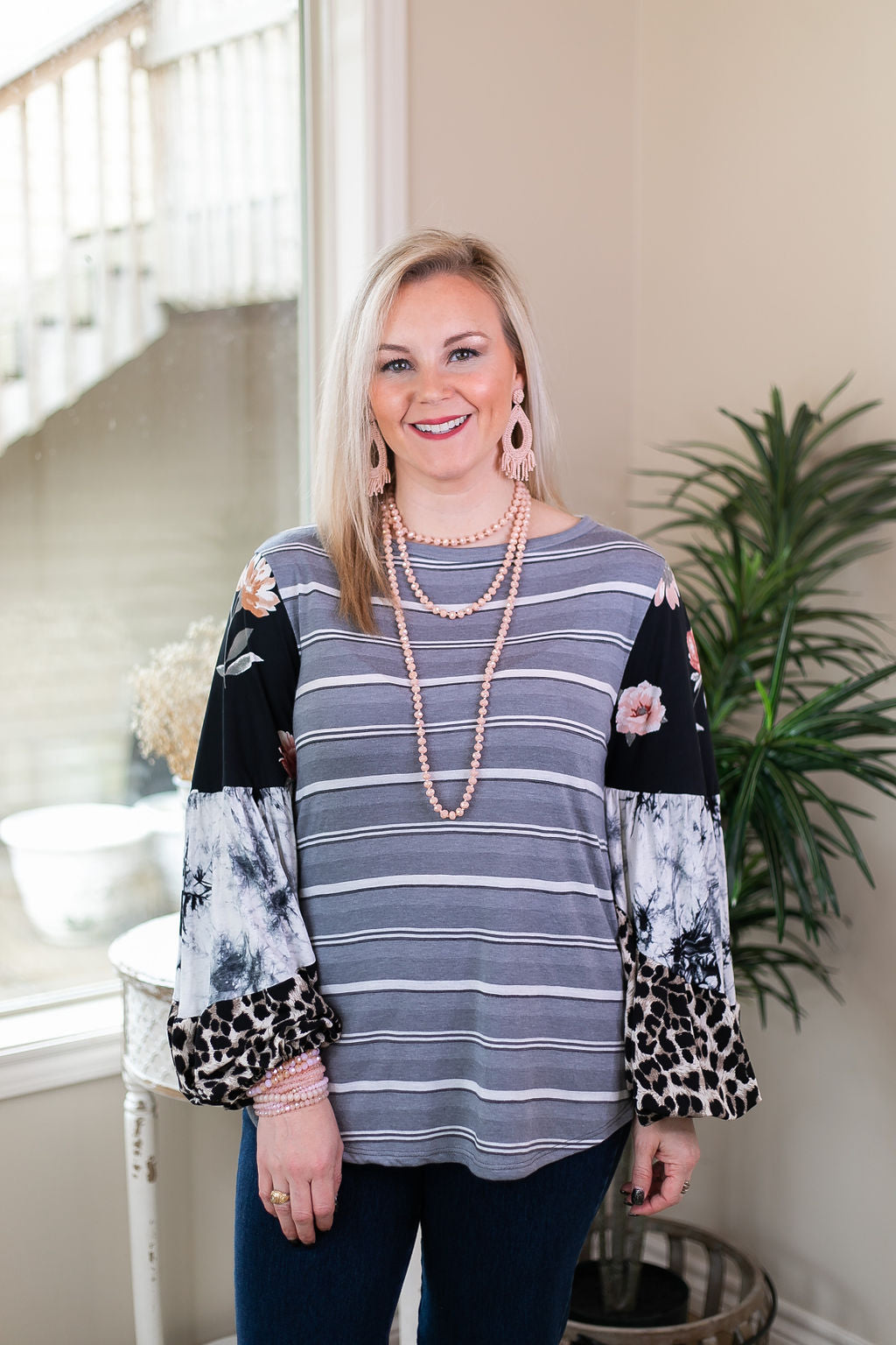 No Looking Back Striped Top with Multi Print Puff Sleeves in Black and Grey