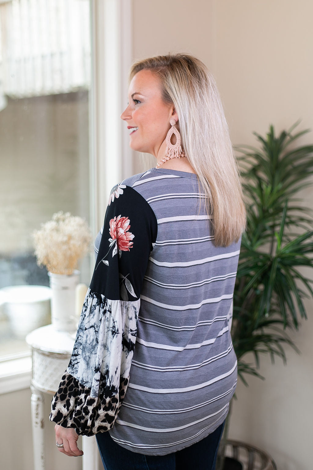 No Looking Back Striped Top with Multi Print Puff Sleeves in Black and Grey