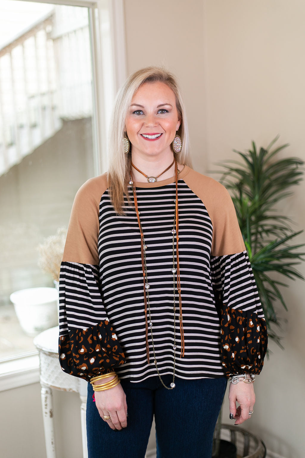 No Looking Back Striped Top with Multi Print Puff Sleeves in Black and Tan - Giddy Up Glamour Boutique