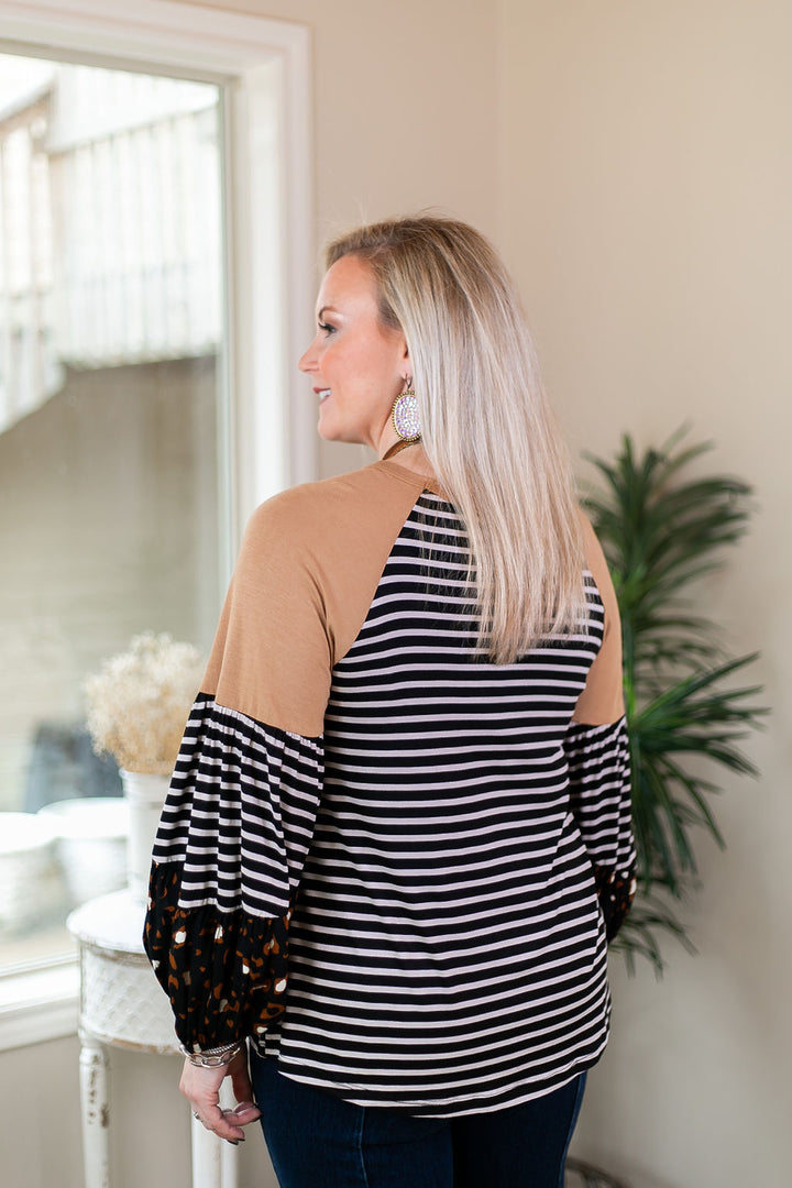 No Looking Back Striped Top with Multi Print Puff Sleeves in Black and Tan - Giddy Up Glamour Boutique