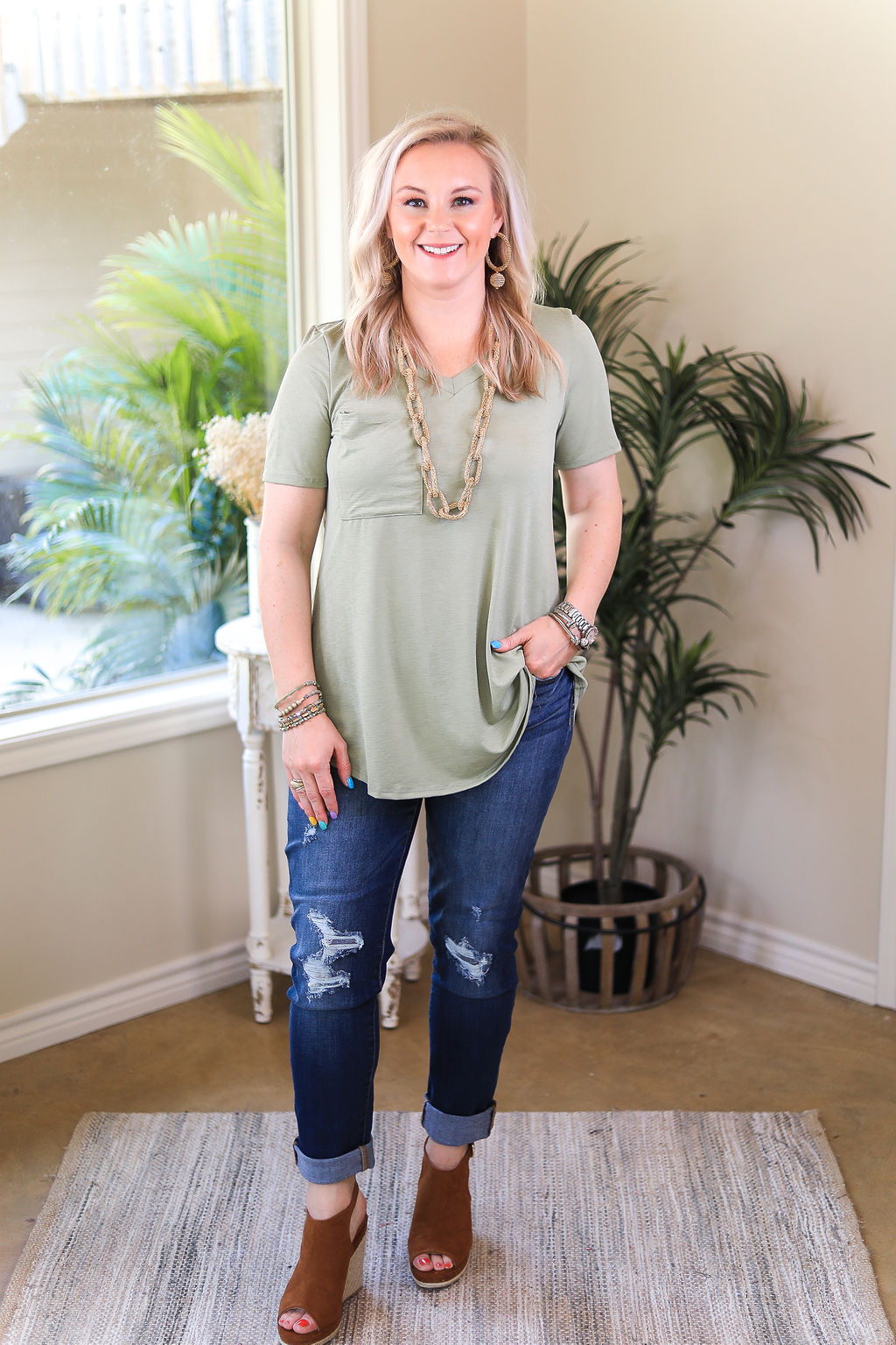 Just Right Short Sleeve Pocket Tee in Sage Green - Giddy Up Glamour Boutique