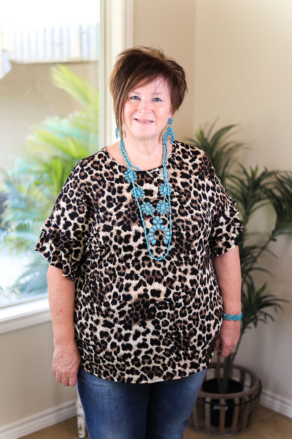 Set The Standard Short Sleeve Top with Ruffled Sleeves in Leopard - Giddy Up Glamour Boutique