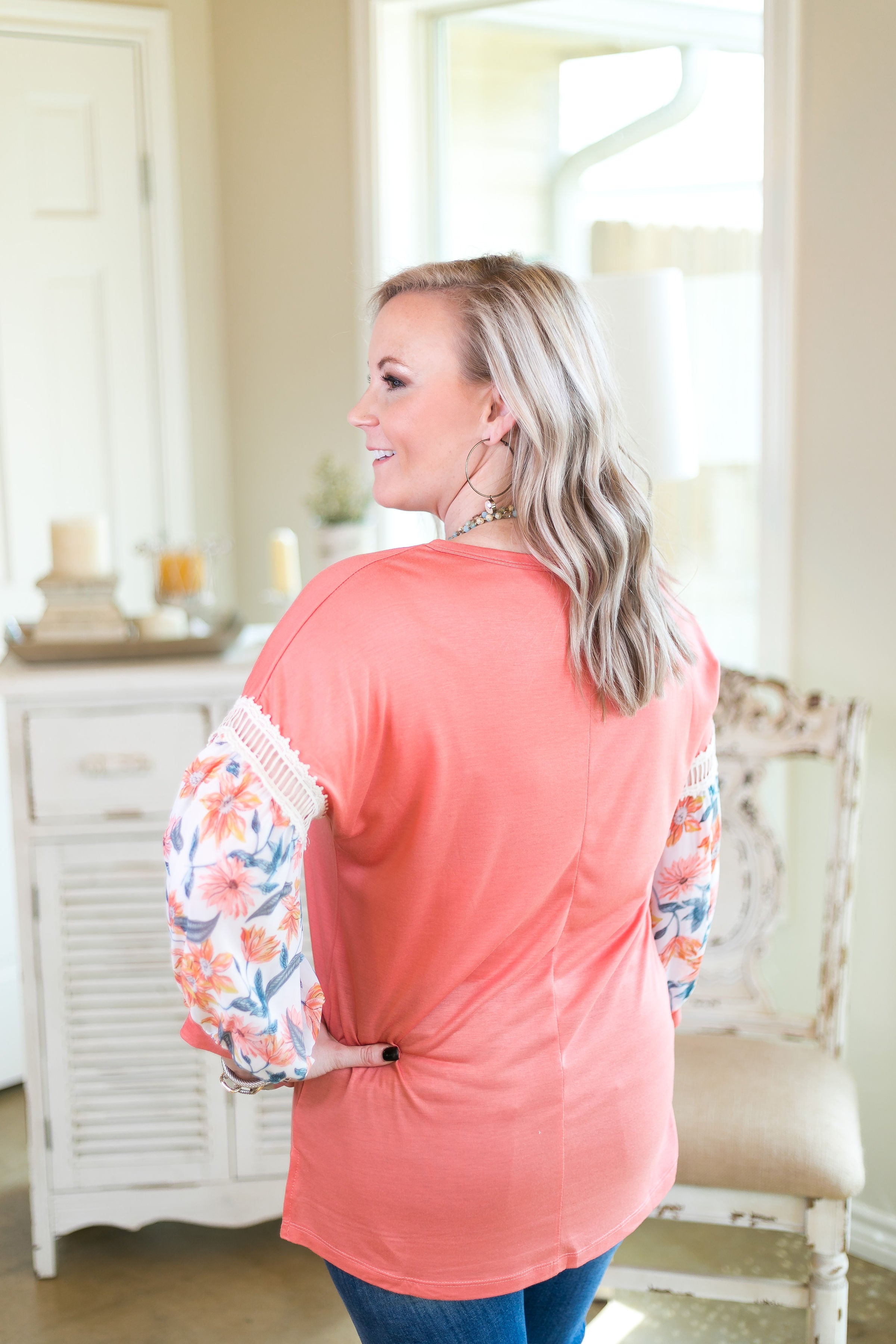 Nothing More Nothing Less Top with Sheer Floral Puff Sleeves in Coral - Giddy Up Glamour Boutique