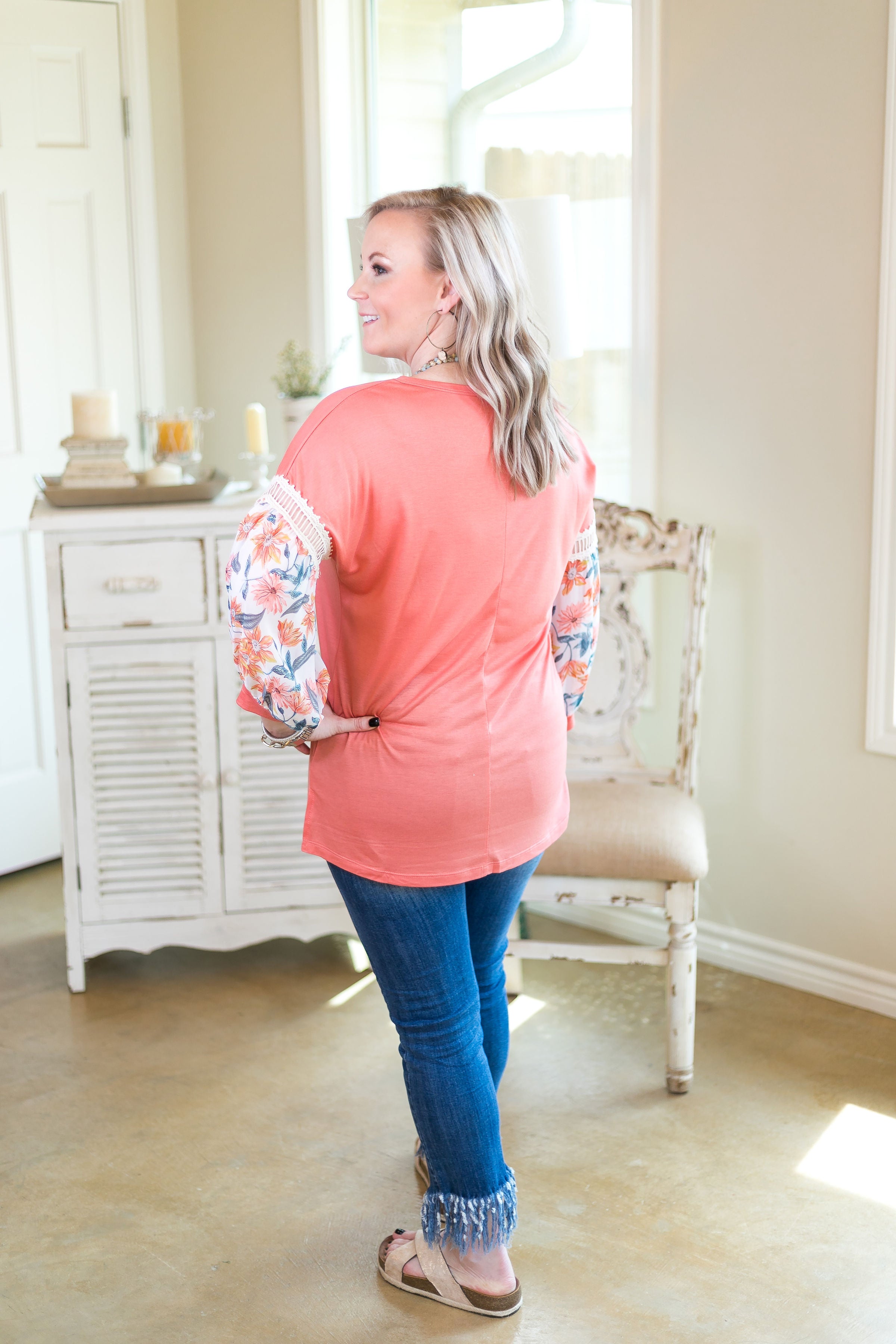 Nothing More Nothing Less Top with Sheer Floral Puff Sleeves in Coral - Giddy Up Glamour Boutique