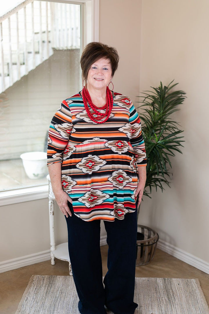 As You Wish Aztec Print Baby Doll Top in Red and Turquoise black peplem top with 3/4 sleeves comfy bright casual