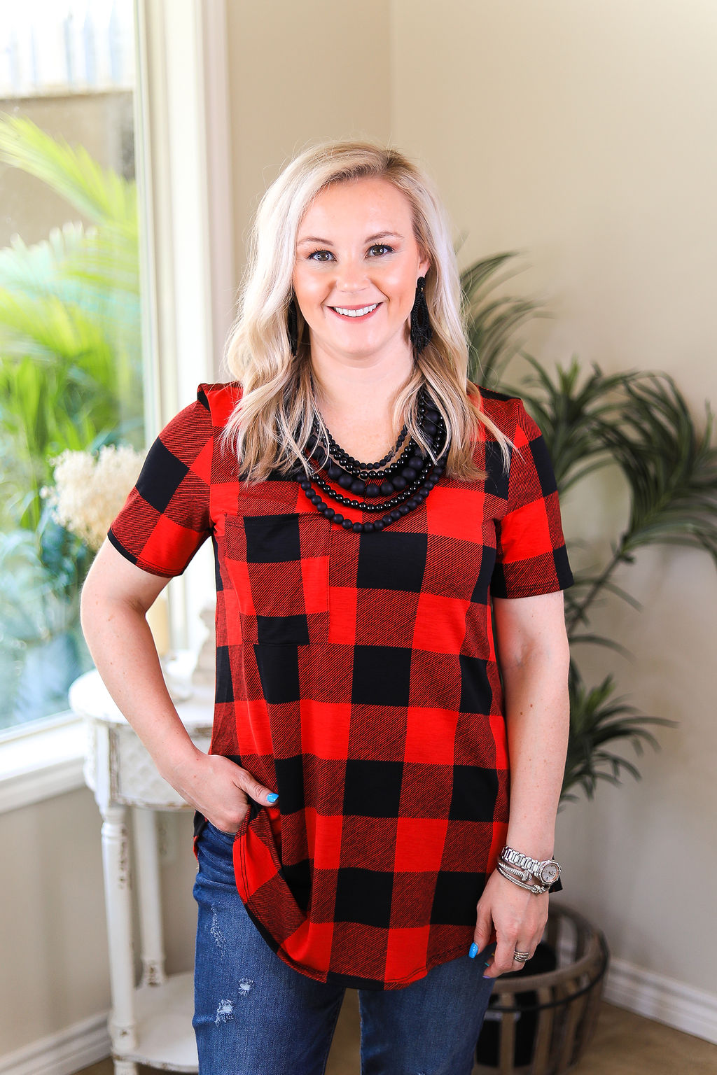 Last Chance Size Small | Just Right Short Sleeve Buffalo Plaid Print Pocket Tee in Red - Giddy Up Glamour Boutique
