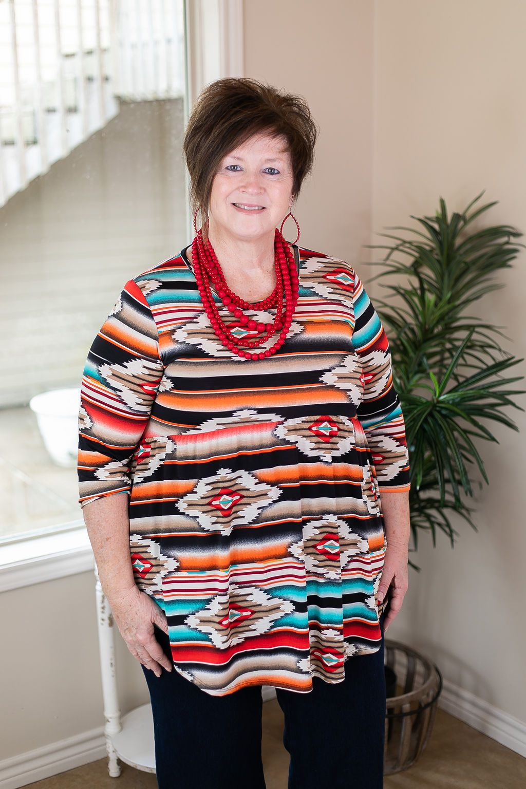 As You Wish Aztec Print Baby Doll Top in Red and Turquoise black peplem top with 3/4 sleeves comfy bright casual