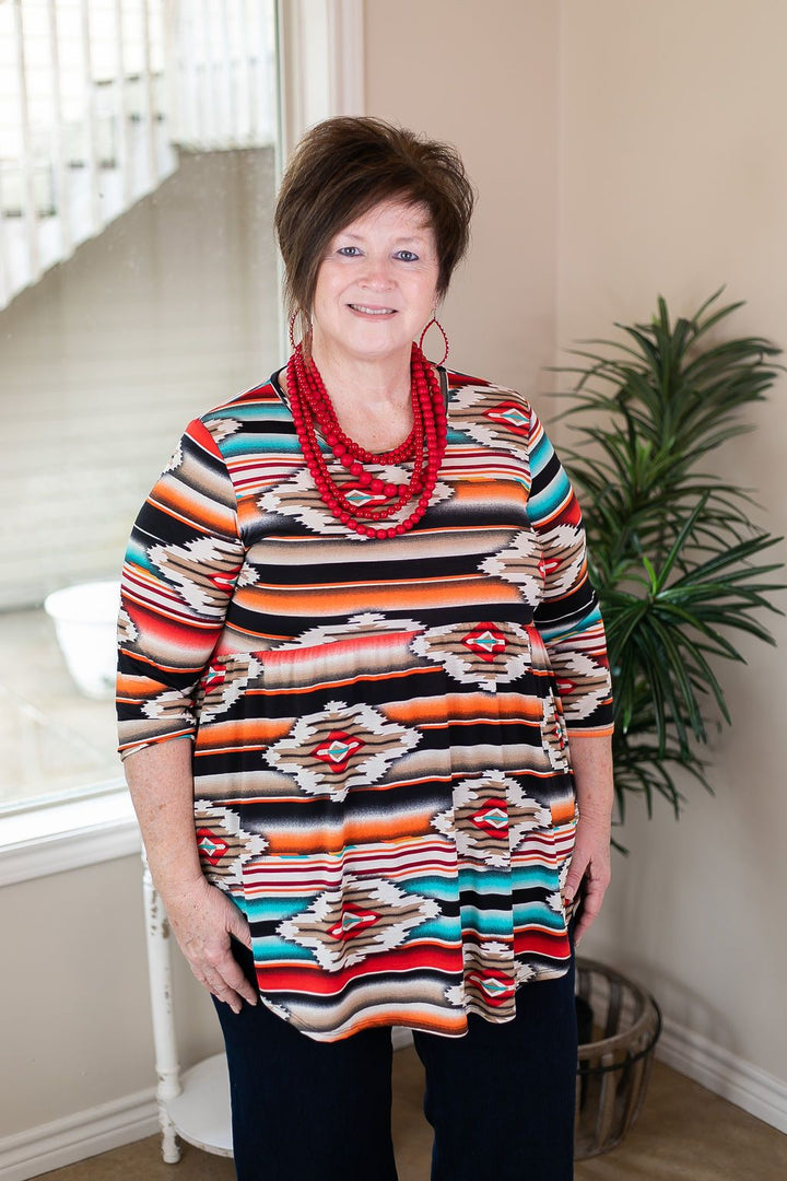 As You Wish Aztec Print Baby Doll Top in Red and Turquoise black peplem top with 3/4 sleeves comfy bright casual