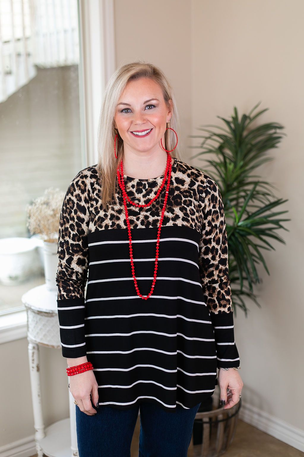 A Quick Hello Striped Print Block Top in Leopard and Black long sleeves black and ivory 