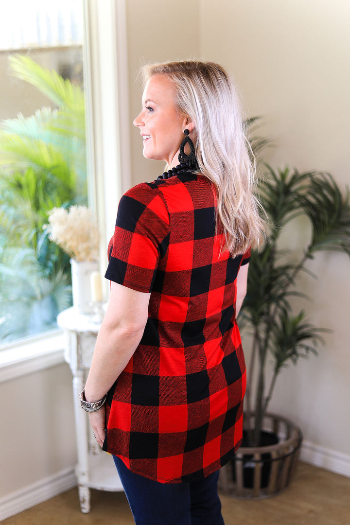 Last Chance Size Small | Just Right Short Sleeve Buffalo Plaid Print Pocket Tee in Red - Giddy Up Glamour Boutique
