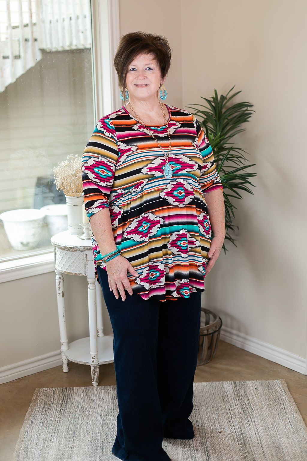 As You Wish Aztec Print Baby Doll Top in Magenta and Gold black turquoise peplum top