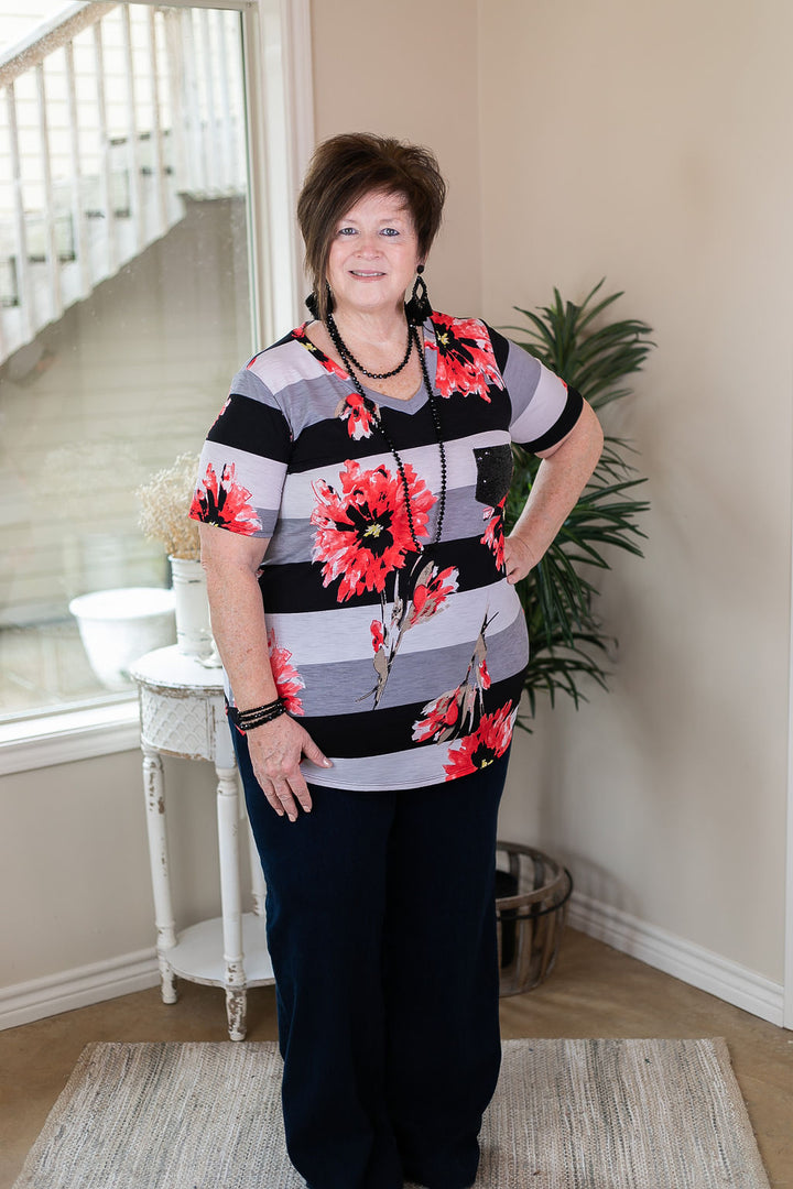 Sparkle Just Right Floral Stripe Sequin Pocket Tee in Black
