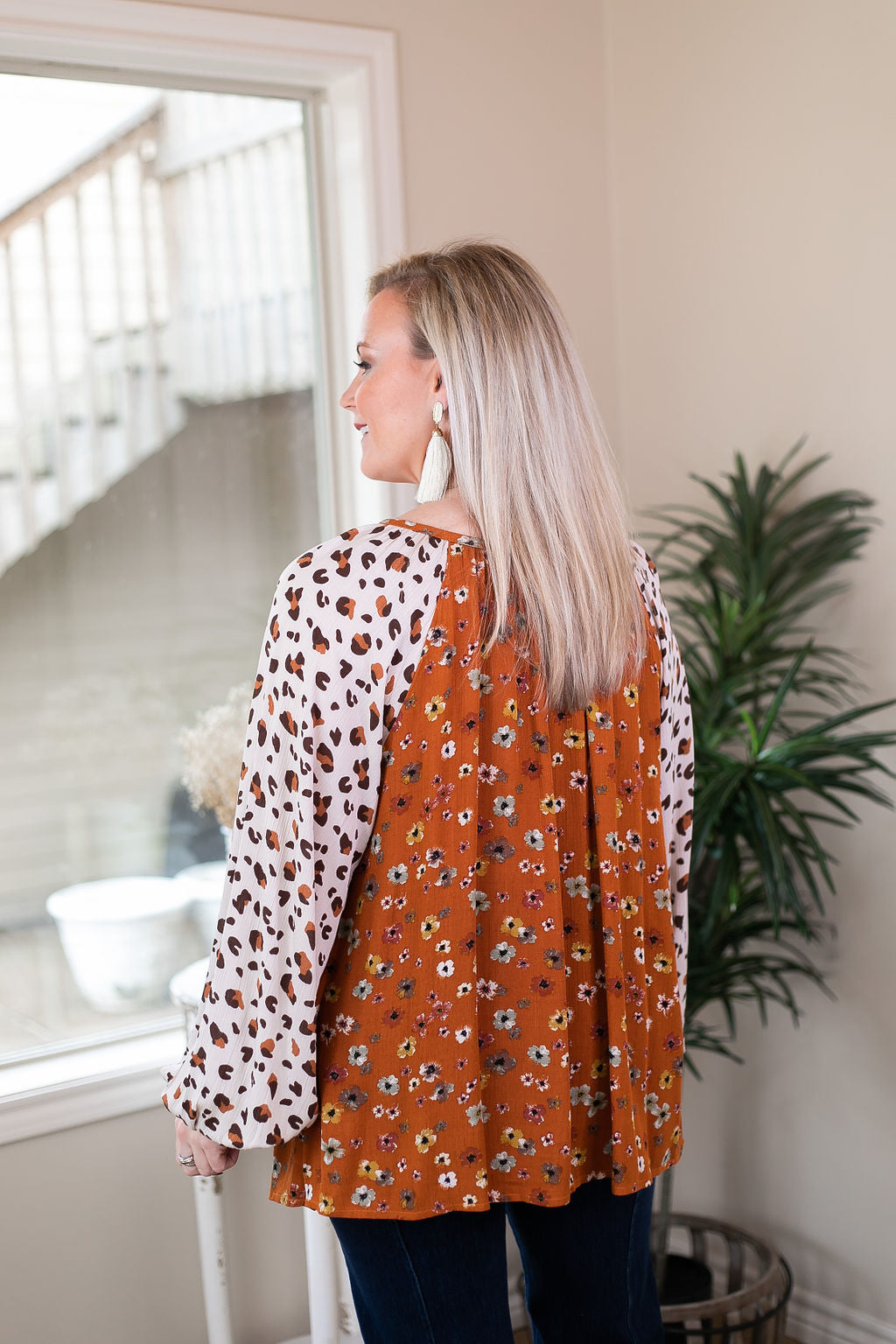 The Colors of Fall Rust Floral Button Up Top with Ivory Leopard Sleeves - Giddy Up Glamour Boutique