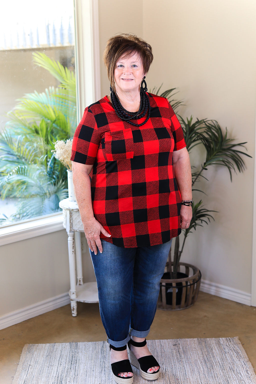 Last Chance Size Small | Just Right Short Sleeve Buffalo Plaid Print Pocket Tee in Red - Giddy Up Glamour Boutique