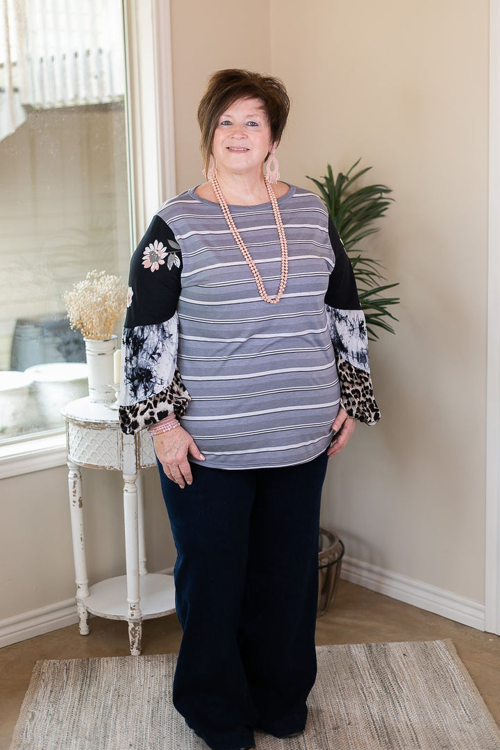 No Looking Back Striped Top with Multi Print Puff Sleeves in Black and Grey