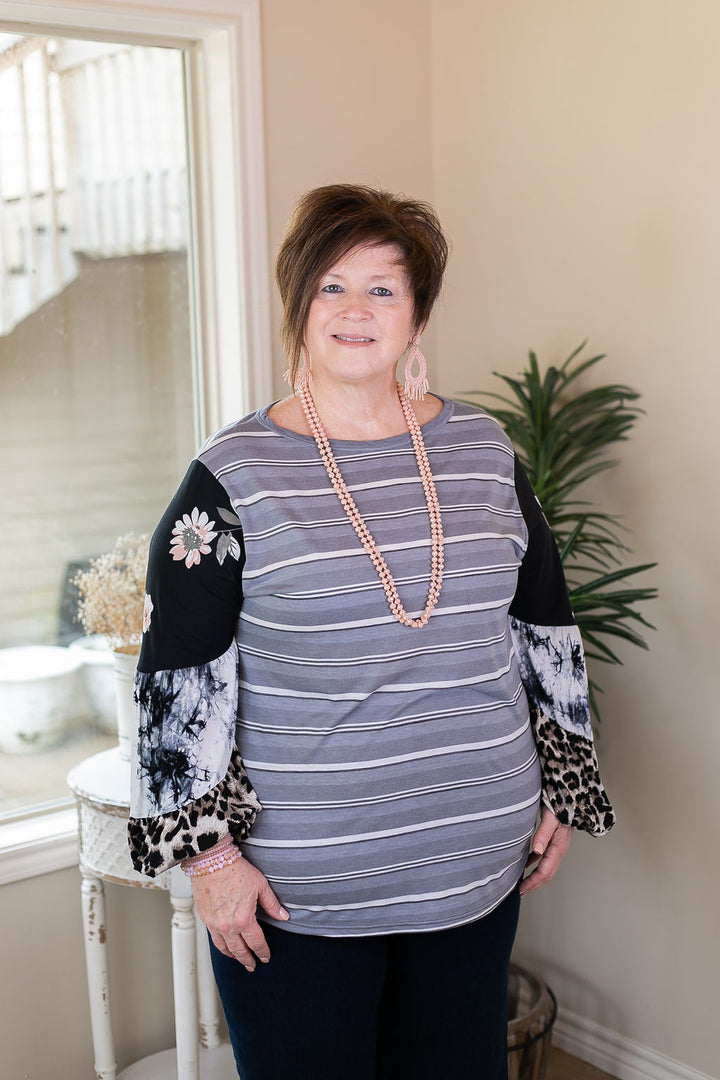 No Looking Back Striped Top with Multi Print Puff Sleeves in Black and Grey