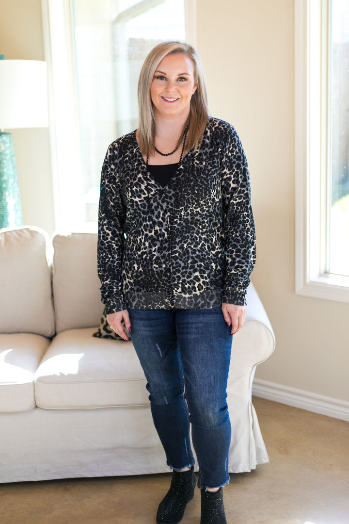 Last Chance Size Small & Med. | In Your Scope Leopard Cardigan in Black - Giddy Up Glamour Boutique