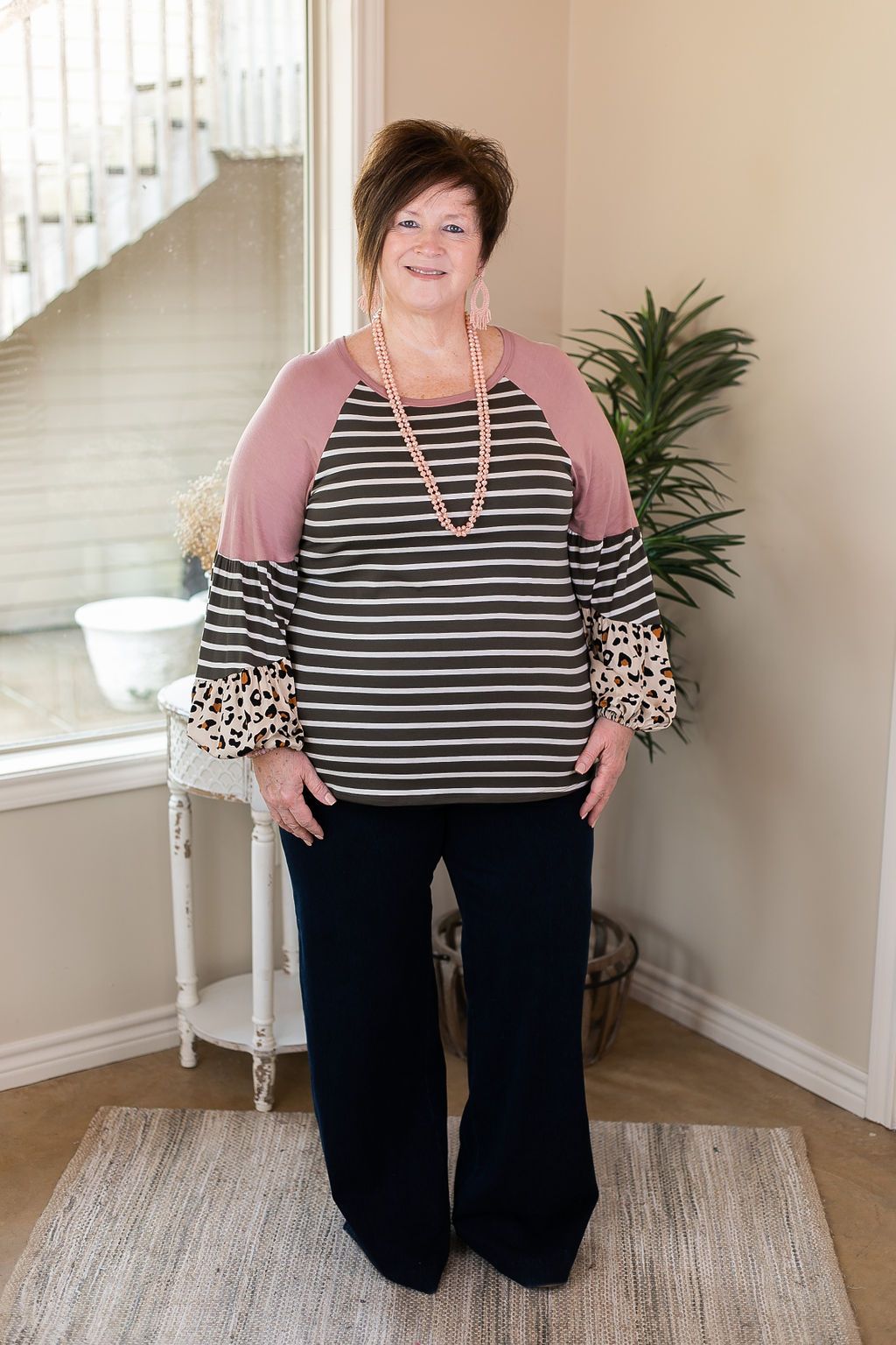 No Looking Back Striped Top with Multi Print Puff Sleeves in Olive Green and Pink