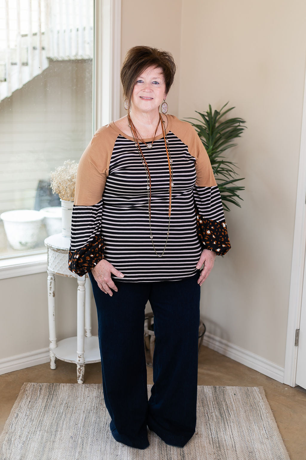 No Looking Back Striped Top with Multi Print Puff Sleeves in Black and Tan - Giddy Up Glamour Boutique
