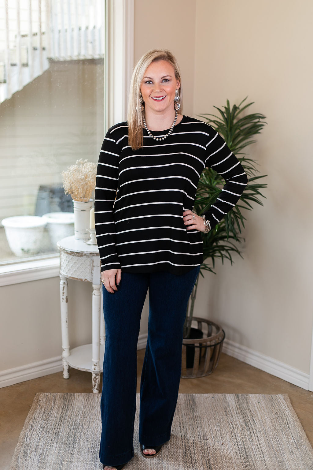 A New Day Long Sleeve Striped Top with Suede Elbow Patches in Black - Giddy Up Glamour Boutique