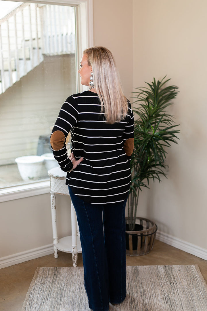 A New Day Long Sleeve Striped Top with Suede Elbow Patches in Black - Giddy Up Glamour Boutique