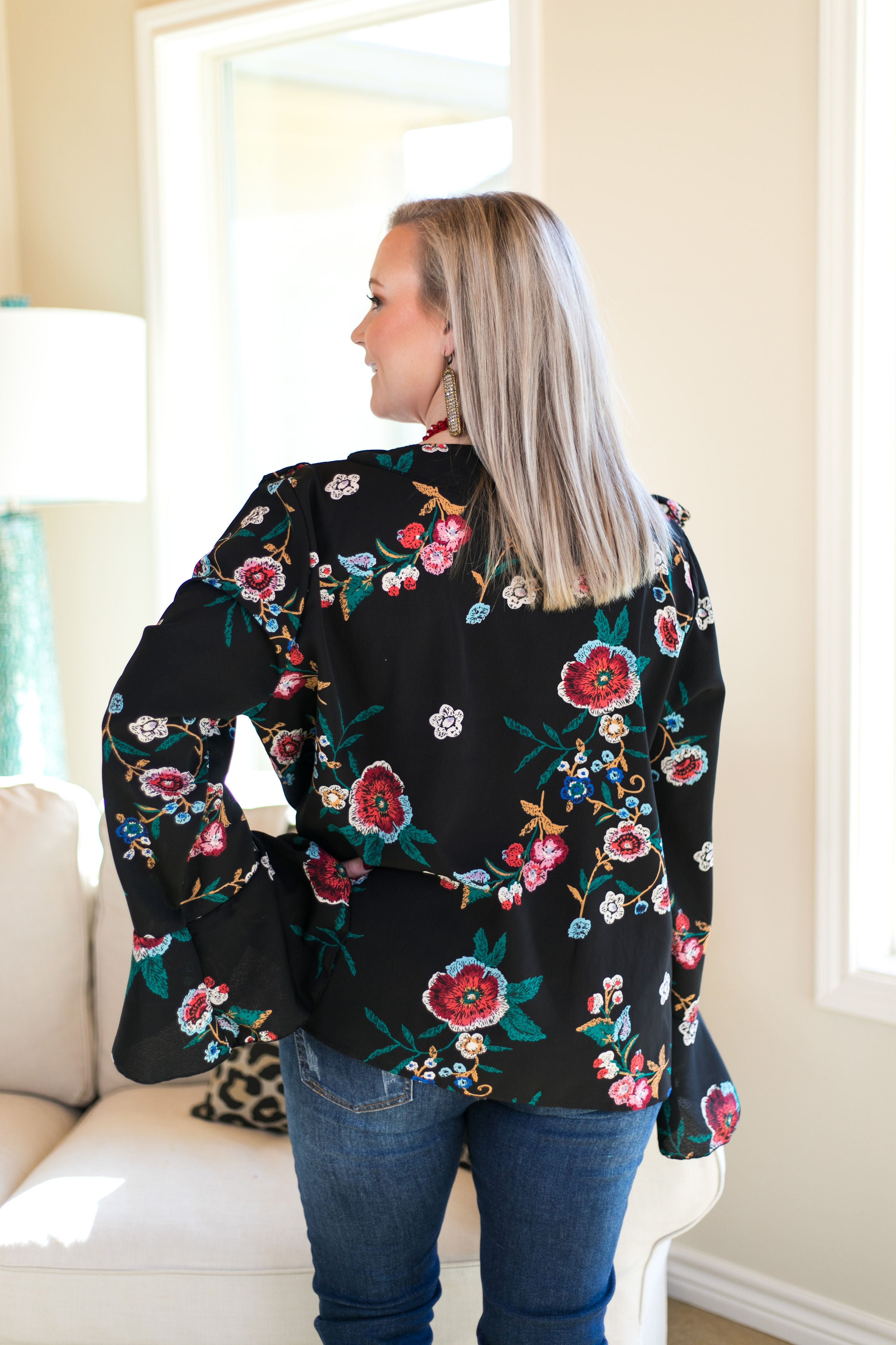 Last Chance Size Small | Bring It Here Floral Ruffle Blouse in Black - Giddy Up Glamour Boutique