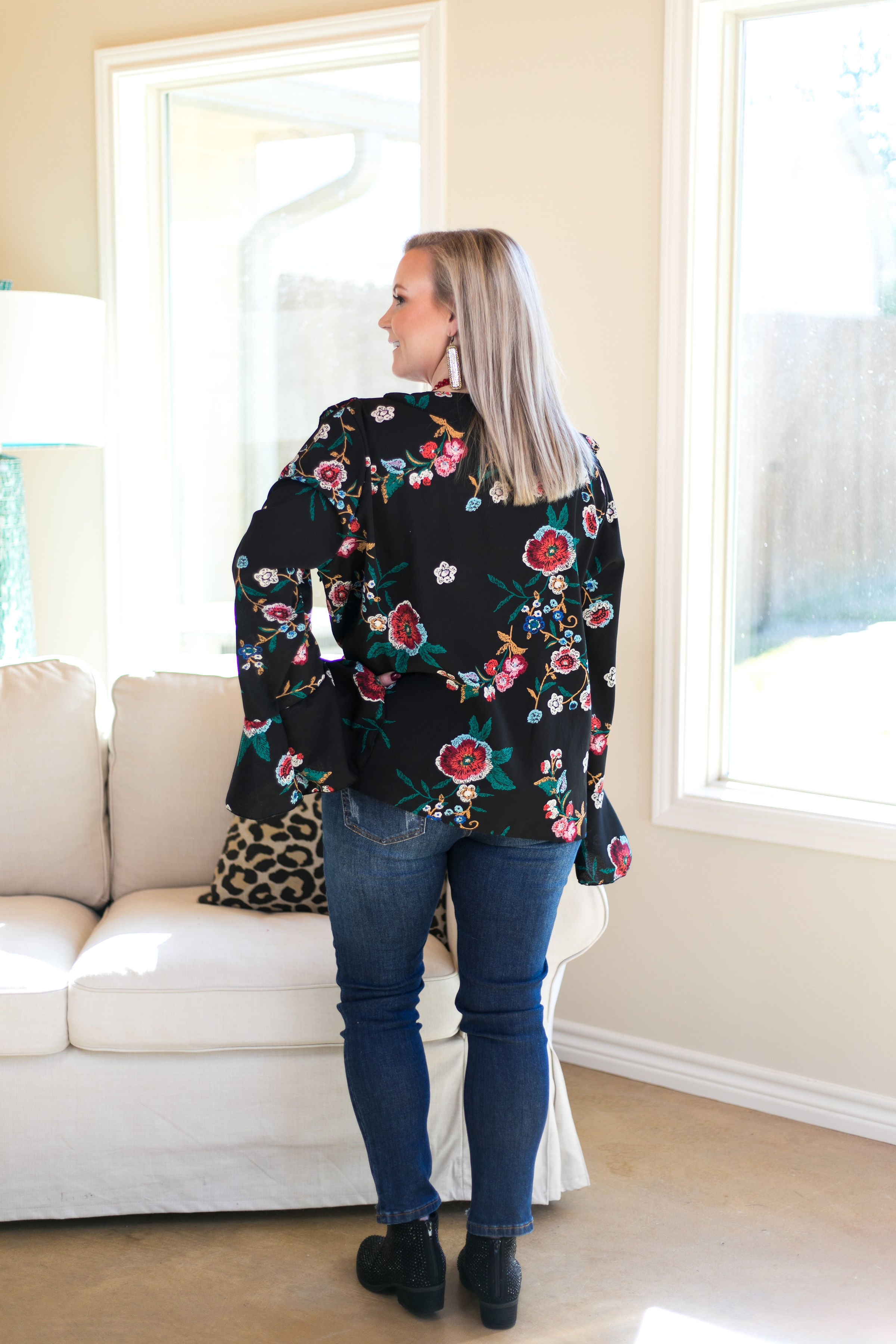 Last Chance Size Small | Bring It Here Floral Ruffle Blouse in Black - Giddy Up Glamour Boutique