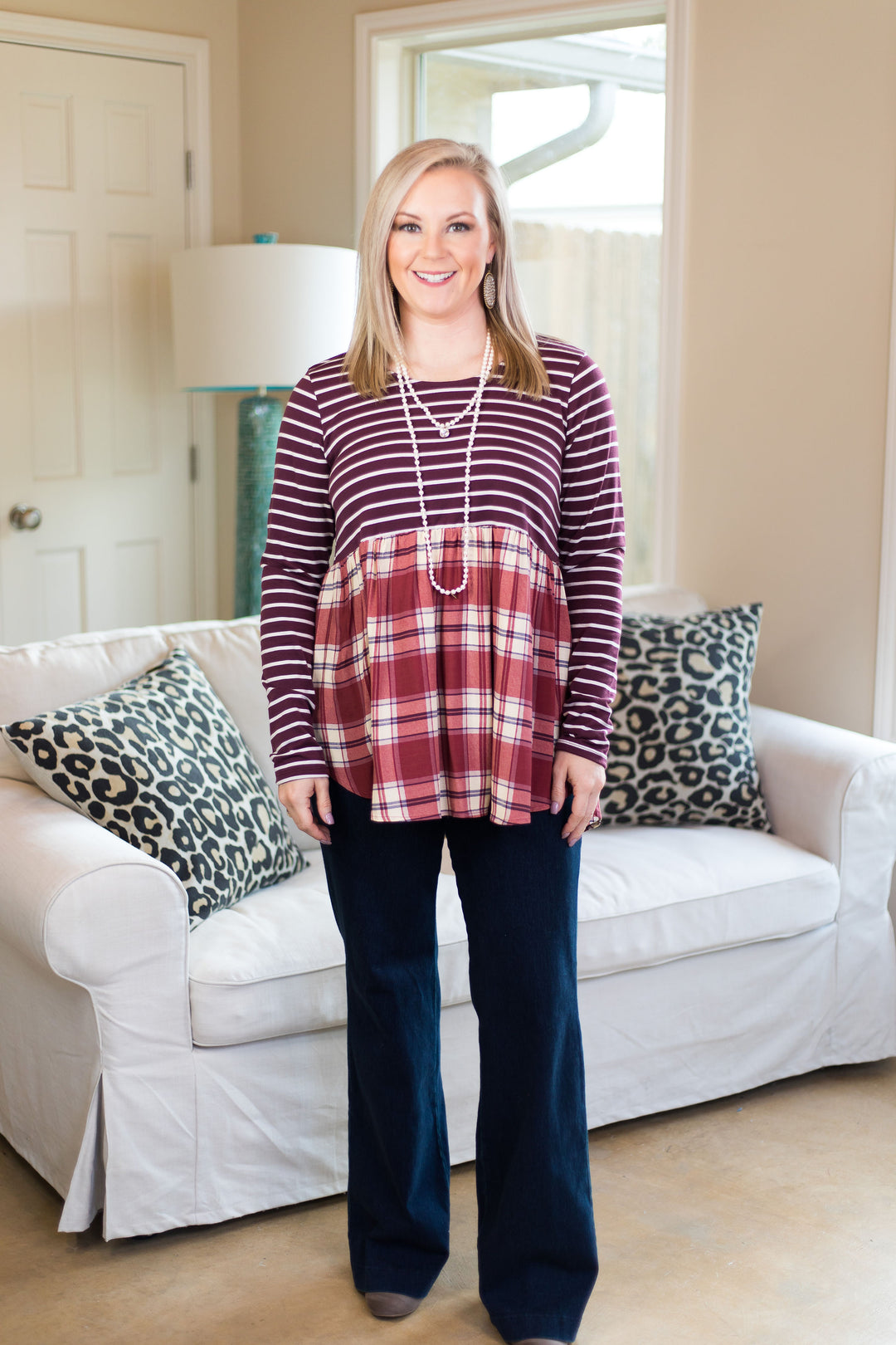 Women's boutique plus size plaid stripe striped stripes top shirt blouse long sleeve maroon burgundy