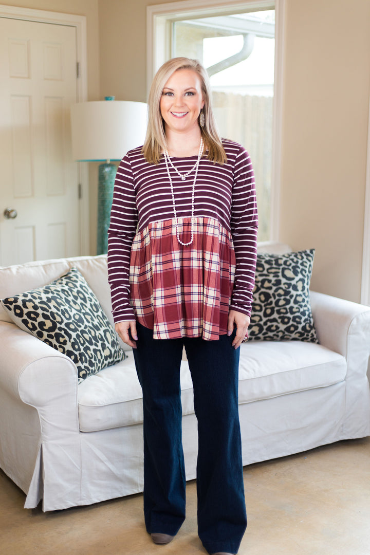 Women's boutique plus size plaid stripe striped stripes top shirt blouse long sleeve maroon burgundy