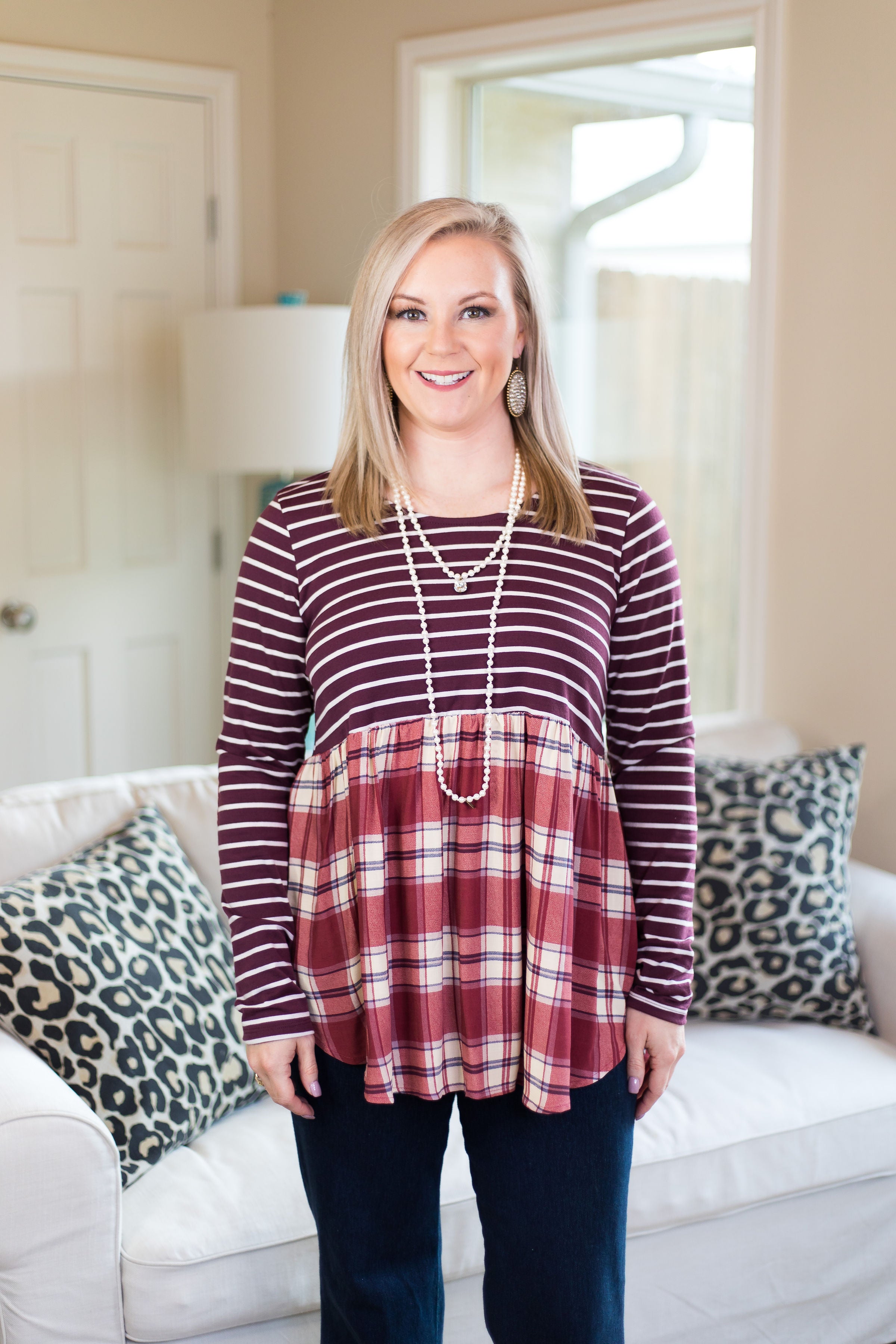 Women's boutique plus size plaid stripe striped stripes top shirt blouse long sleeve maroon burgundy
