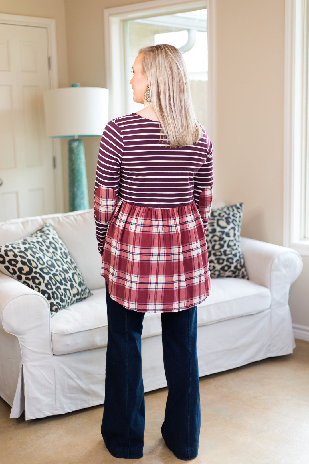 Women's boutique plus size plaid stripe striped stripes top shirt blouse long sleeve maroon burgundy