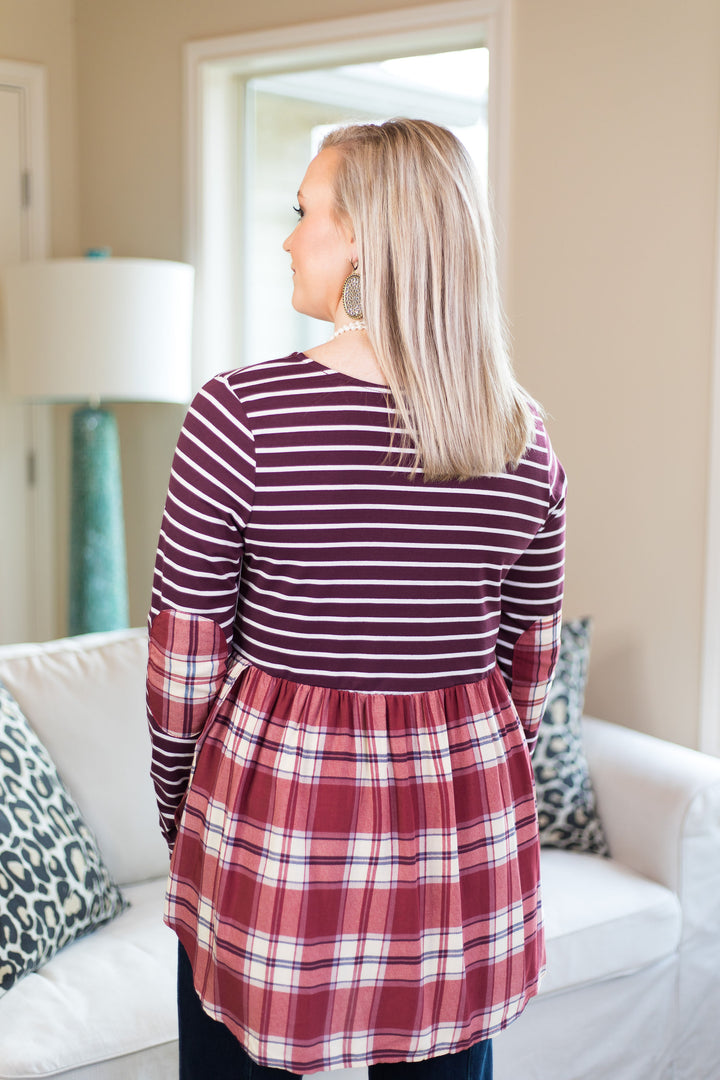 Women's boutique plus size plaid stripe striped stripes top shirt blouse long sleeve maroon burgundy