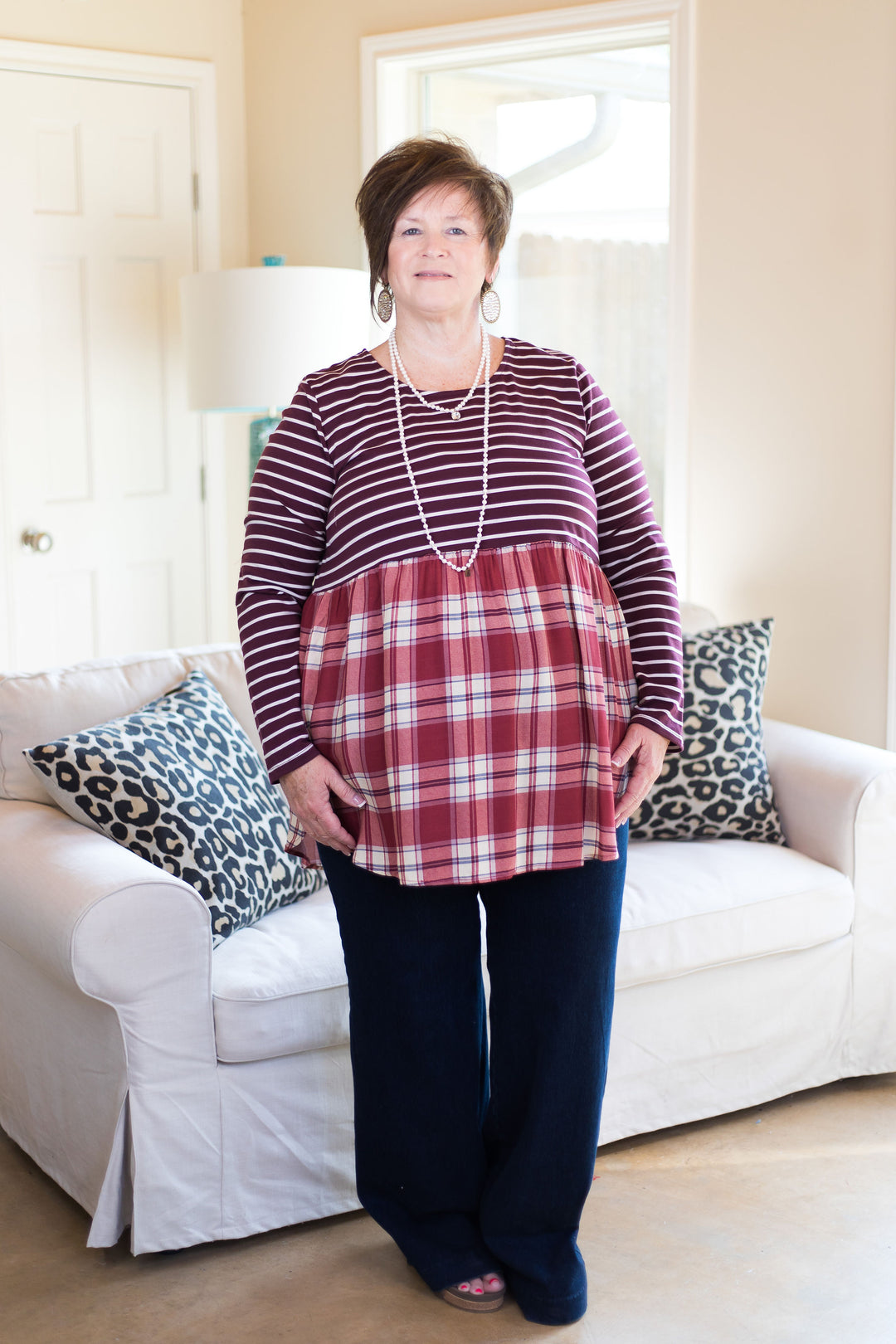 Women's boutique plus size plaid stripe striped stripes top shirt blouse long sleeve maroon burgundy