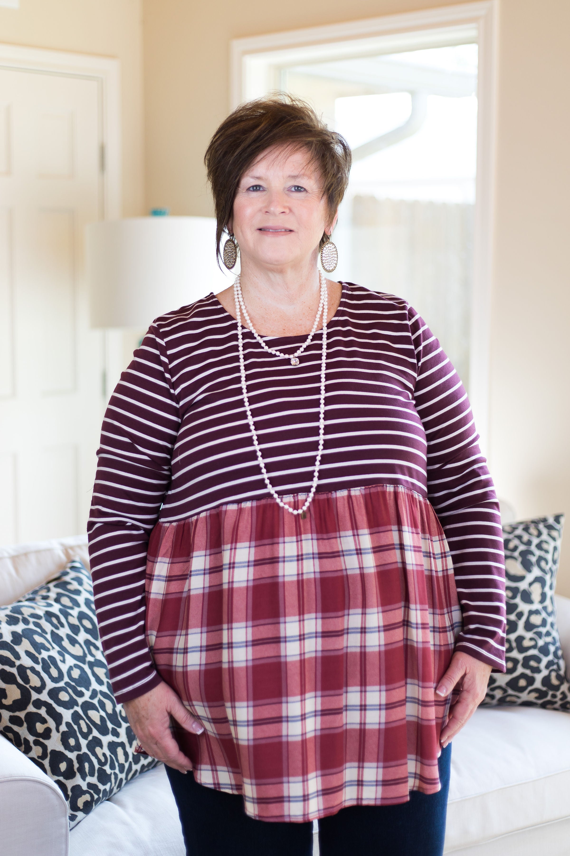 Women's boutique plus size plaid stripe striped stripes top shirt blouse long sleeve maroon burgundy
