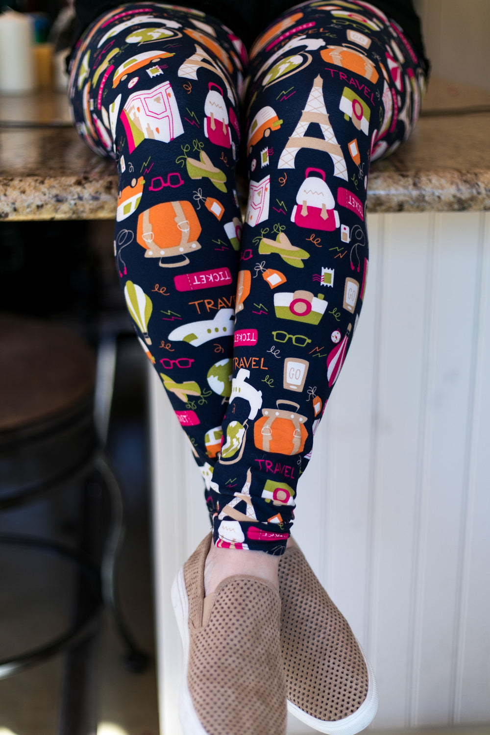 Travel The World Print Leggings in Navy Blue - Giddy Up Glamour Boutique