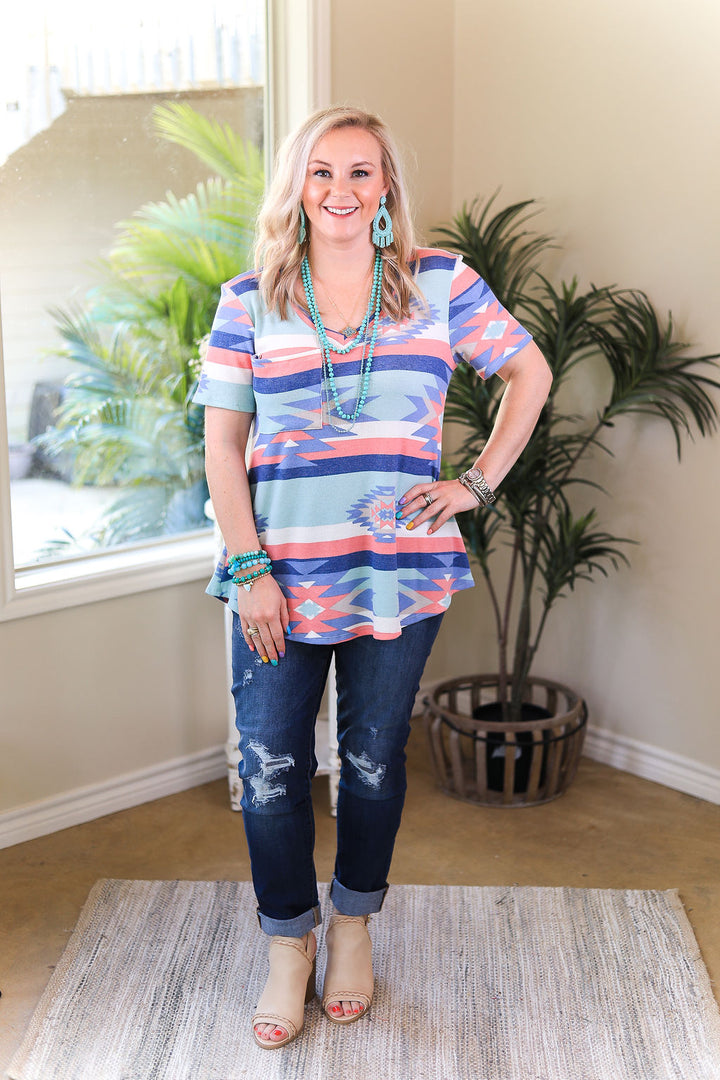 Just Right Short Sleeve Aztec Print Pocket Tee in Mint & Coral - Giddy Up Glamour Boutique