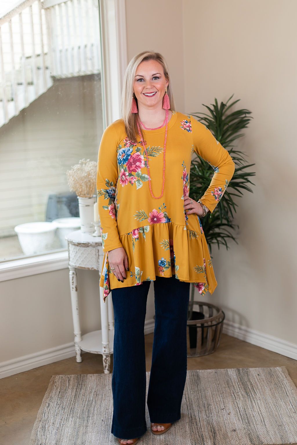 Online Only | Free To Wander Floral Long Sleeve Peplum Tunic in Mustard Yellow