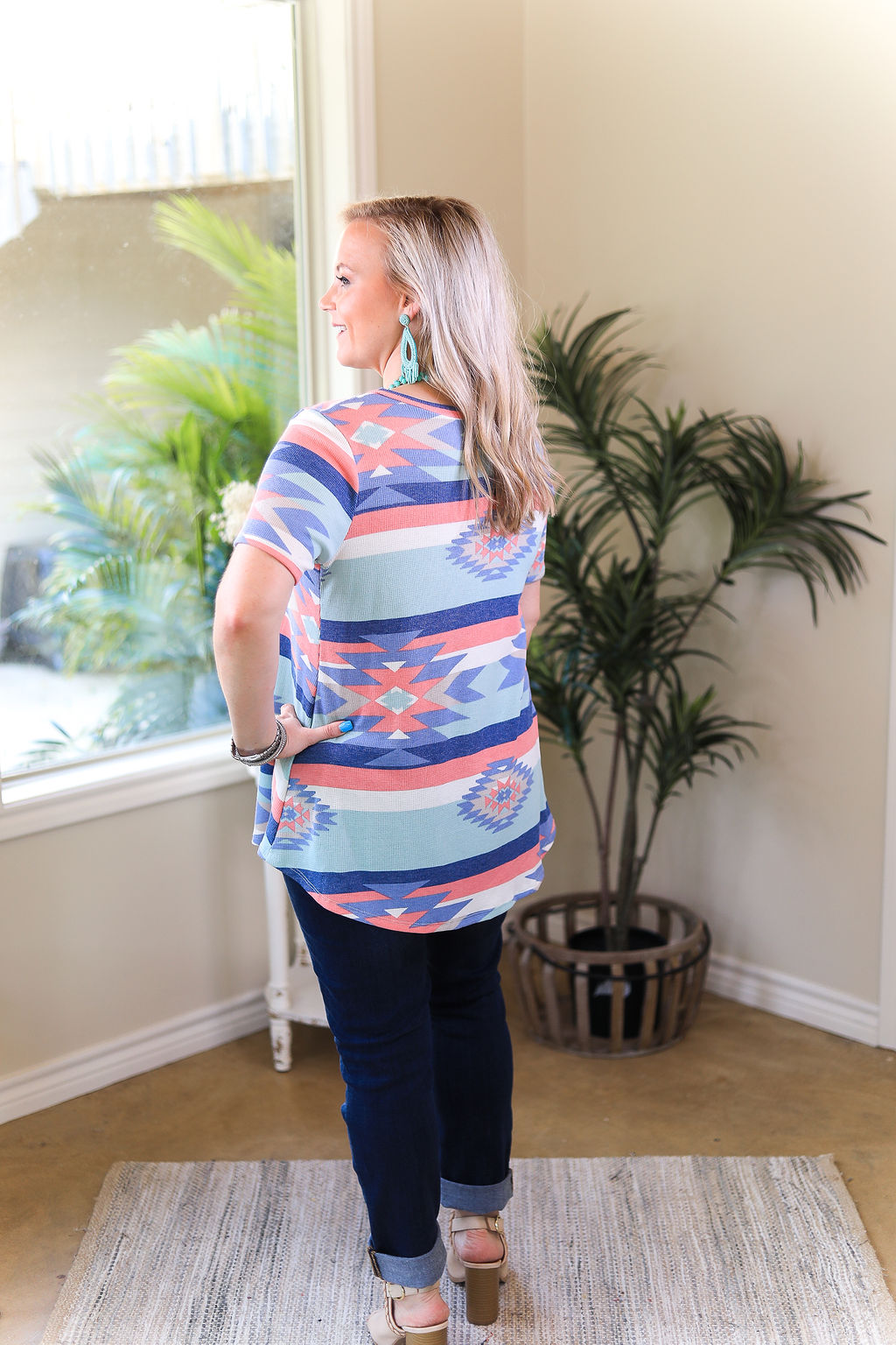 Just Right Short Sleeve Aztec Print Pocket Tee in Mint & Coral - Giddy Up Glamour Boutique