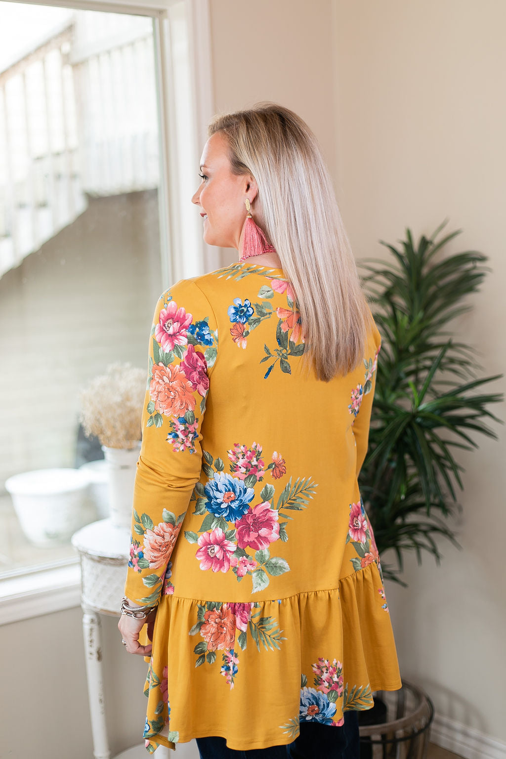 Free To Wander Floral Long Sleeve Peplum Tunic in Mustard Yellow - Giddy Up Glamour Boutique