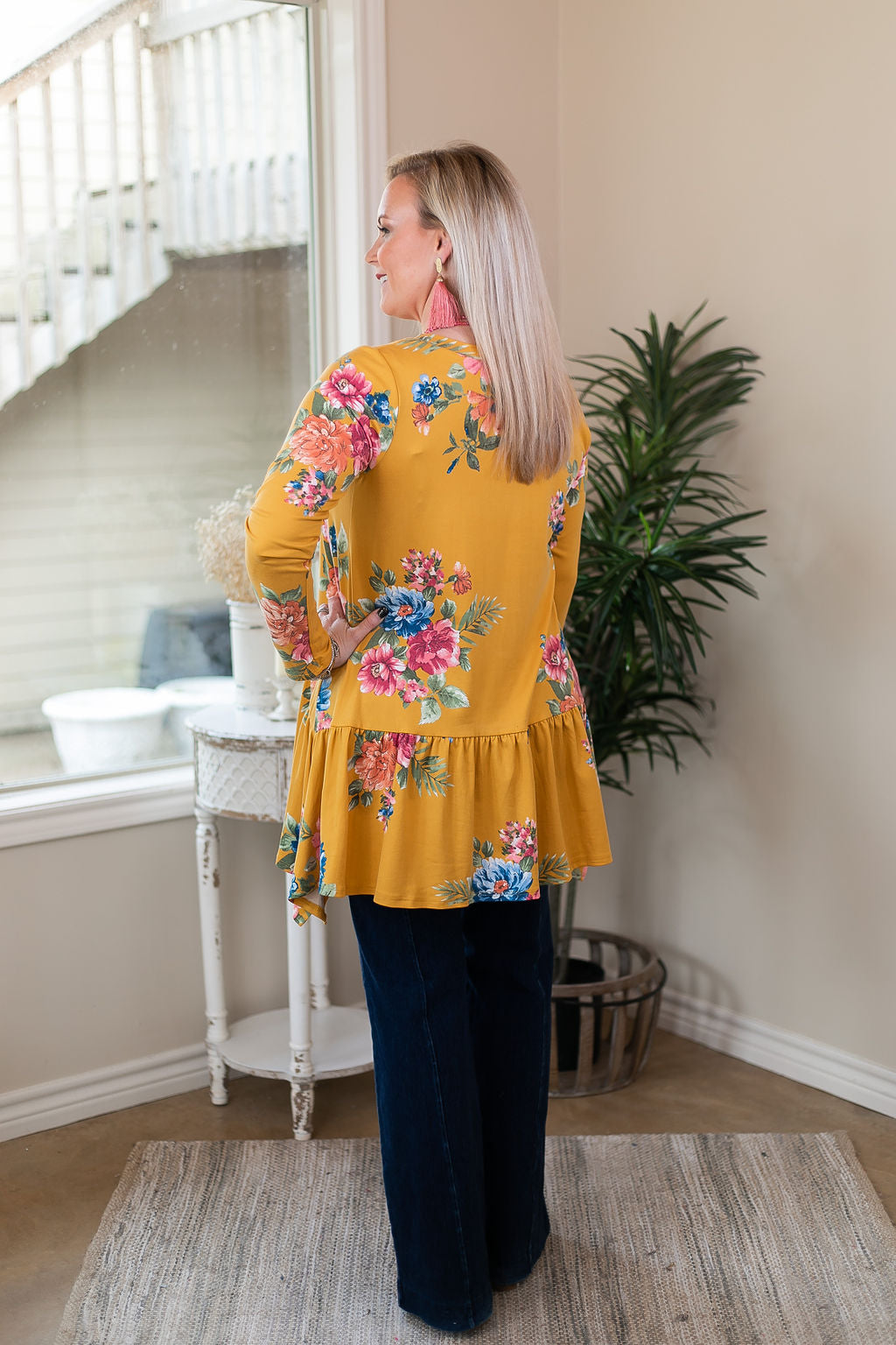 Free To Wander Floral Long Sleeve Peplum Tunic in Mustard Yellow - Giddy Up Glamour Boutique