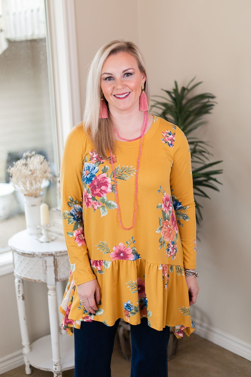Online Only | Free To Wander Floral Long Sleeve Peplum Tunic in Mustard Yellow