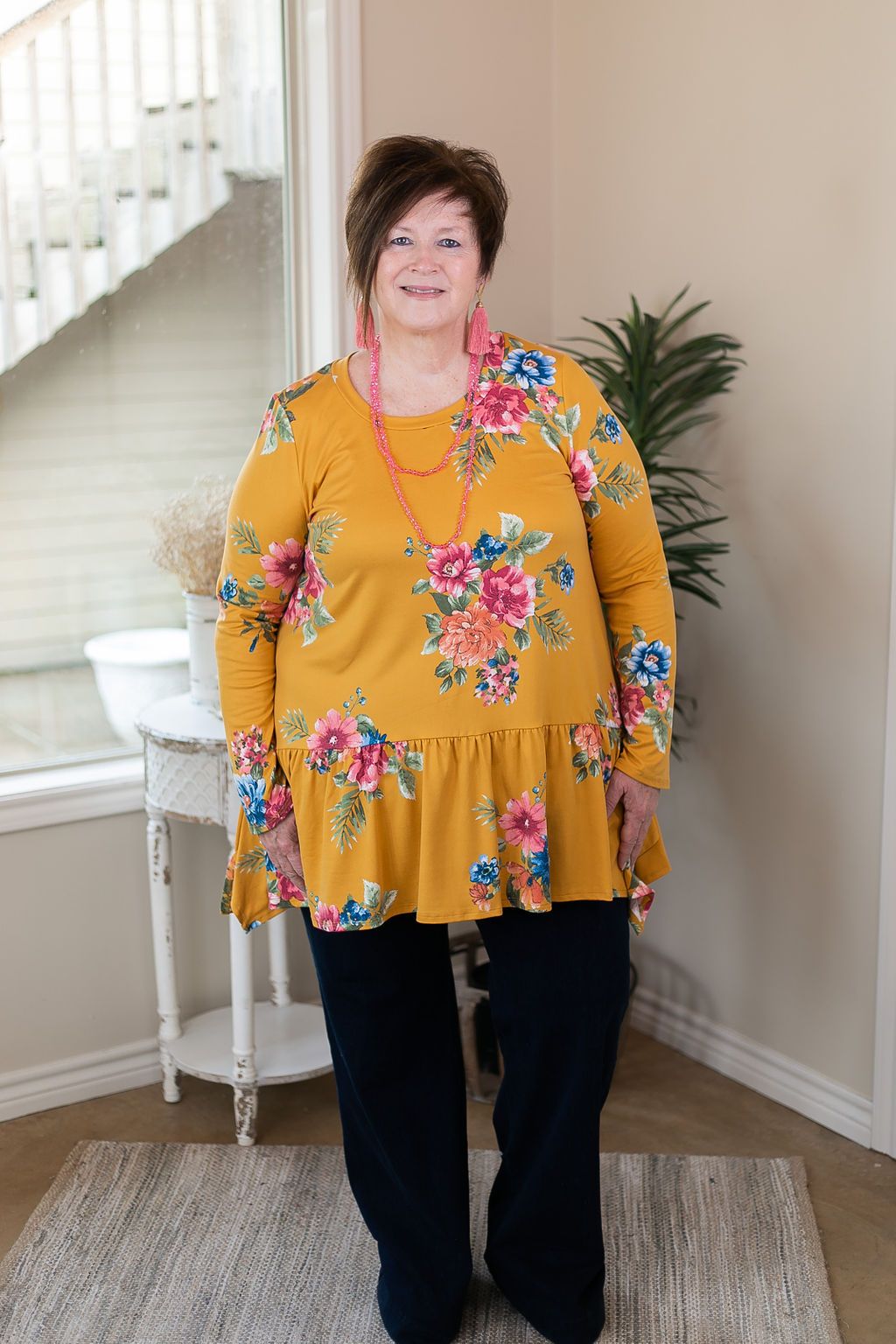 Online Only | Free To Wander Floral Long Sleeve Peplum Tunic in Mustard Yellow