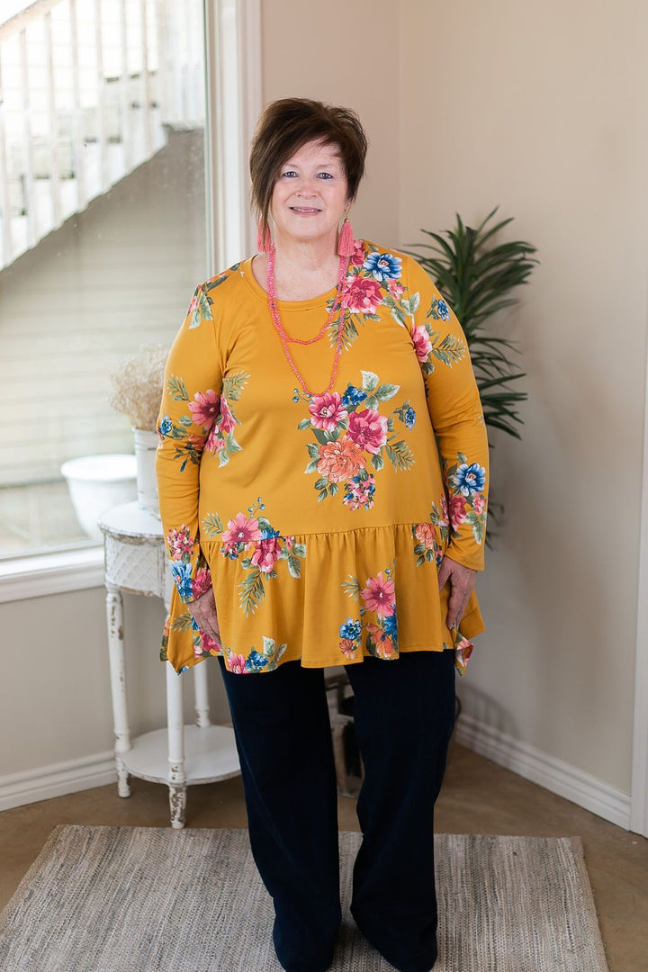 Online Only | Free To Wander Floral Long Sleeve Peplum Tunic in Mustard Yellow