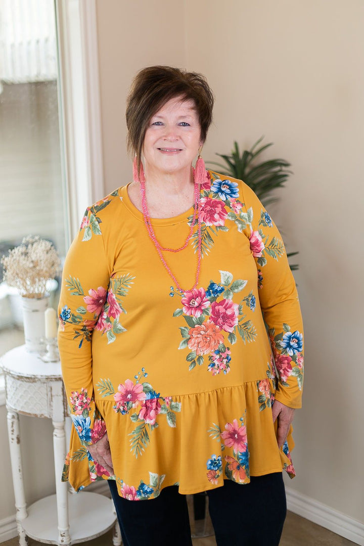 Online Only | Free To Wander Floral Long Sleeve Peplum Tunic in Mustard Yellow