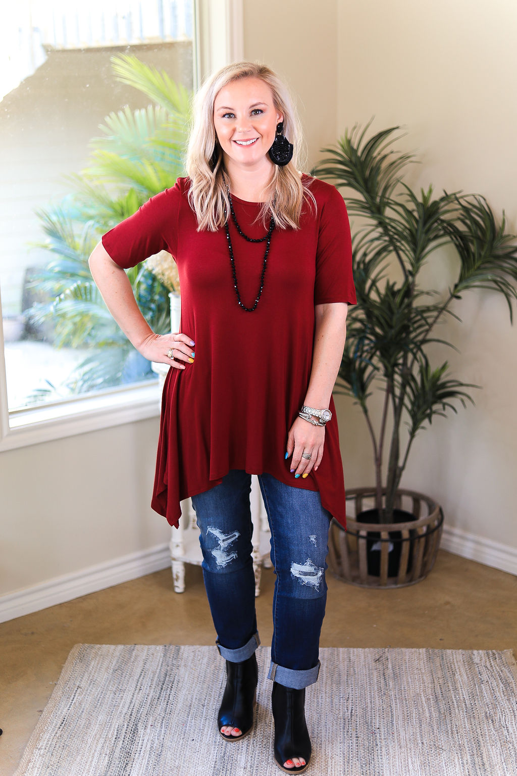 Whenever This Happens Solid Handkerchief Tunic Top in Maroon - Giddy Up Glamour Boutique